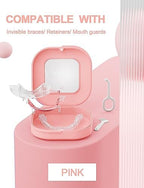 HEMILAB® Retainer Case with Mirror, Slim Aligner Case with Vent Holes, Compatible with Invisalign, Mouth Guard Box with Retainer Removal Tool, Pink
