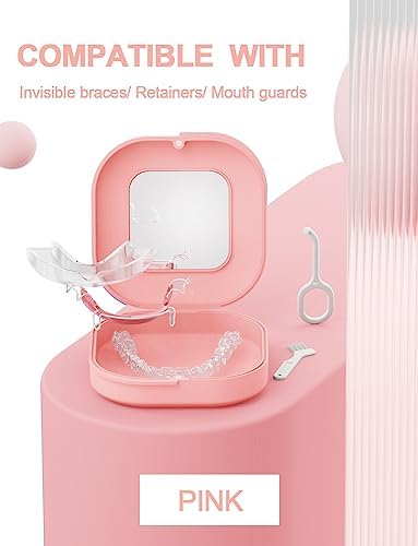 HEMILAB® Retainer Case with Mirror, Slim Aligner Case with Vent Holes, Compatible with Invisalign, Mouth Guard Box with Retainer Removal Tool, Pink