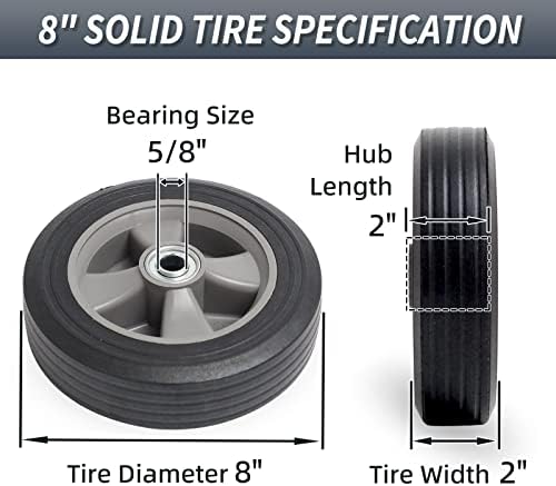 GICOOL 8" x 2" Flat-Free Solid Rubber Tire and Wheel with Ball Bearings and 5/8" Axle Bore Hole, 2" Offset Hub, For Hand Truck Dolly Trolley Garden Wagon Cart Generator Replacement Tire, 2 Pack