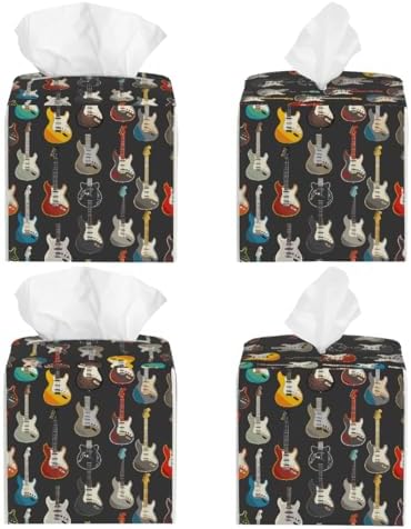 Retro Music Guitar Print Tissue Box Cover Leather Tissue Box Case Holder Decorative Facial Paper Organizer for Car Bathroom Tabletop