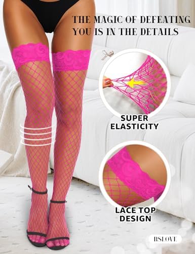 RSLOVE Women's Lace Top Fishnet Thigh-High Stockings with Antiskid Silicone Sexy Stay Up Tights Pantyhose
