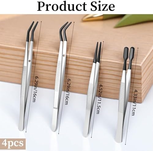 Stainless Steel Rubber Coated Tweezers, 4 PCS Tweezers with Rubber PVC Coated Set Rubbers Straight Flat Tip Long Bent Tweezer Rubbers Straight Tip Tweezer for Crafting Stamp Jewelry Industrial Lab
