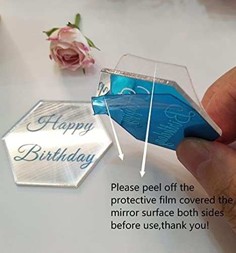 Set of 12pcs Hexagon Cake Topper Disc, Happy Birthday Mirror Acrylic Cake Discs, Topper Decor for Cupcake,Mini Acrylic Cake Toppers (Silver Mirror)