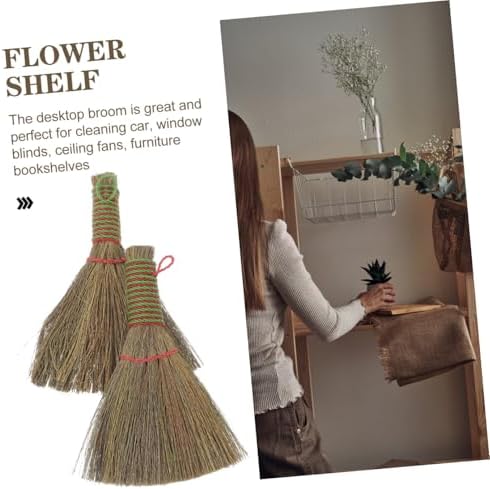 FAVOMOTO 2pcs Small Handmade Desktop Broom Set with Natural Sorghum Bristles, Handheld Dust Brush for Office and Home Cleaning
