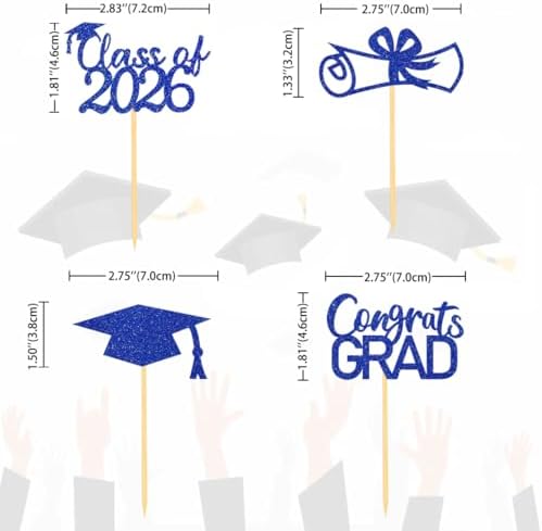 2026 Graduation Theme Cupcake Toppers Glitter Class of 2026 Graduation Cap Diploma Cupcake Picks - Set of 24 (Blue2)