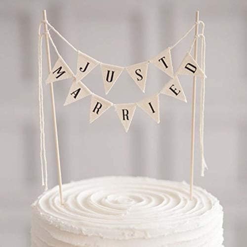 Wedding Cake Topper,Vintage Affair Rustic Just Married Wedding Cake or Cheese Bunting,Handmade Pennant Flags with Wood Pole Ivory