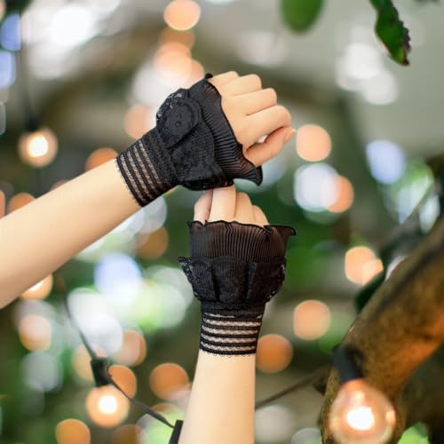 AUOCATTAIL False Sleeves Wrist Cuffs Floral Layered Lace Cuff Women Fake Hand Sleeves 1 Pair