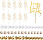 Khaki Balls Cake Topper Boho Grass Cake topper Khaki White Gold Pearl Balls Happy Birthday Cake Decorations for Wedding Birthday Boho Themed Supplies (Khaki)