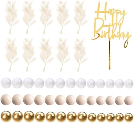 Khaki Balls Cake Topper Boho Grass Cake topper Khaki White Gold Pearl Balls Happy Birthday Cake Decorations for Wedding Birthday Boho Themed Supplies (Khaki)