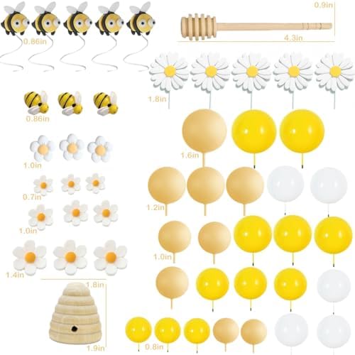 59PCS Bee Cake Topper Daisy Birthday Decoration with Bees Daisy Honeycomb Honey Stick Yellow White Balls Set for Birthday Party