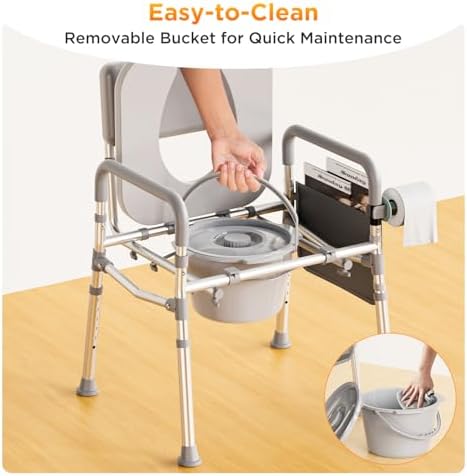 Bedside Commode with Padded Seat & Backrest, Aluminum Toilet with 6.5 qt Bucket, Easy-Clean, 350 lb Capacity Enhanced Crossbar, Portable Toilet for Seniors with Paper Holder & Newspaper Bag
