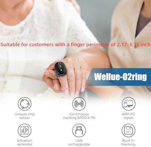 Wellue O2Ring Oxygen Monitor with Vibration Reminder -Bluetooth O2 Pulse Oximeter Rechargeable, Continuous Recording of SpO2 & PR, Blood Oxygen Saturation Tracker with Free APP & PC Reports