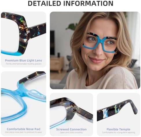 Square Oversized Reading Glasses Blue Light Blocking for Women Men, Stylish Readers with Spring Hinge,Dual-Tone Sapphire, 1.5