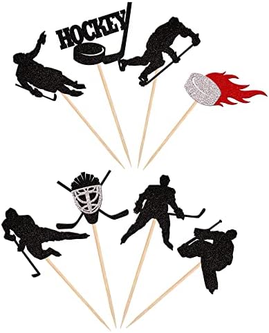 24 PCS Hockey Cupcake Toppers Black Glitter Hockey Players Cupcake Picks Ice Hockey Sports Theme Baby Shower Kids Boys Girls Birthday Party Cake Decorations Supplies Black
