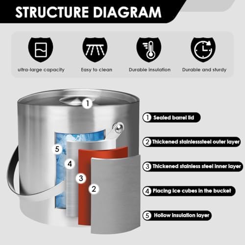 DREAMYO 3L Double Wall Insulated Stainless Steel Ice Bucket with Scoop for Cocktail Bar,Metal Ice Bucket for Freezer with Lid for Parties.ice Container,bar cart Accessories(Silver)