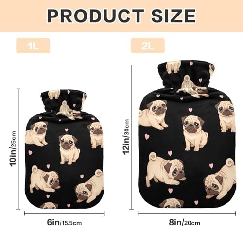 Cute Pug Dogs Black Hot Water Bottles with Velvet Cover Hot Water Bag for Neck, Shoulder and Menstrual Cramps Medium