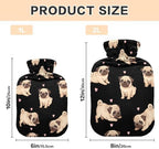Cute Pug Dogs Black Hot Water Bottles with Velvet Cover Hot Water Bag for Neck, Shoulder and Menstrual Cramps Medium