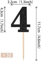 30 PCS 4th Birthday Cupcake Toppers Glitter Number 4 Cupcake Picks Age Four Cheers to 4 Years Old Cake Decorations for Baby Shower Kids Happy 4th Birthday Anniversary Party Supplies Black