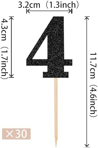 30 PCS 4th Birthday Cupcake Toppers Glitter Number 4 Cupcake Picks Age Four Cheers to 4 Years Old Cake Decorations for Baby Shower Kids Happy 4th Birthday Anniversary Party Supplies Black
