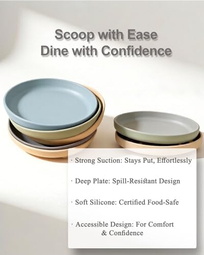 Silicone Adaptive Plates for Elderly & Adults with Special Needs, Non-Slip Suction Base Dining Plates with High Walls - Spill Proof Easy Scoop Eating Aids, Microwave Dishwasher Safe
