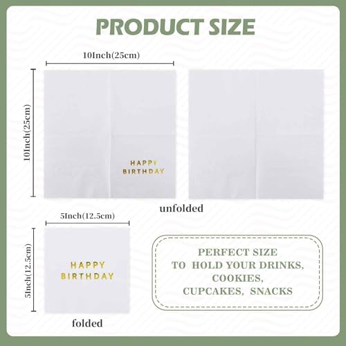 Vuzvuv 52 Pack Gold Foil Happy Birthday Cocktail Napkins - Birthday Party Dinner Hand Napkin for Party Supplies Decorations Table Decor for women man(5" Folded 3 Ply-Gold White)