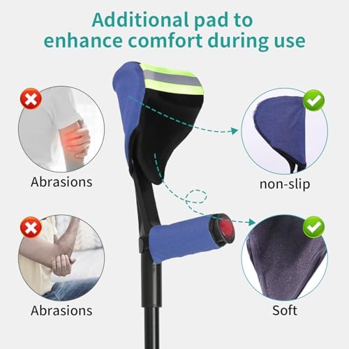 Forearm Crutches for Adults(1 Pair)， Adjustable Adult Crutches with Cuffs, Elbow Cushion, Grip Cushion（Blue），Aluminum Lightweight Arm Crutches Forearm for Adults，Foldable Crutch for Walking