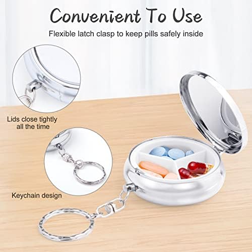 6 Pack Metal Pill Case Round Medicine Holder Container Keychain Mini Drug Tablet Organizer Box with 3 Compartments for Pocket Purse Travel Outdoor Daily