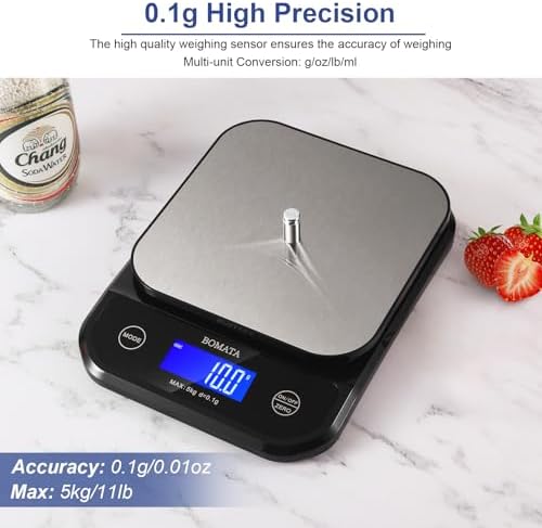 BOMATA Waterproof Kitchen Scale, 0.1g/0.01oz High Precision, 5kg/11lb, Washable, USB Rechargeable, Digital Scale for Food,Cooking, Baking, Weight Loss, Grey