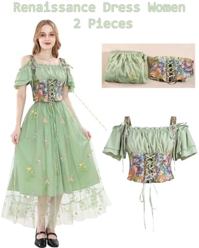 NSPSTT Renaissance Dress Women Victorian Fairy Costume Flowy Floral Dresses Medieval Corset Outfit 2 Pieces