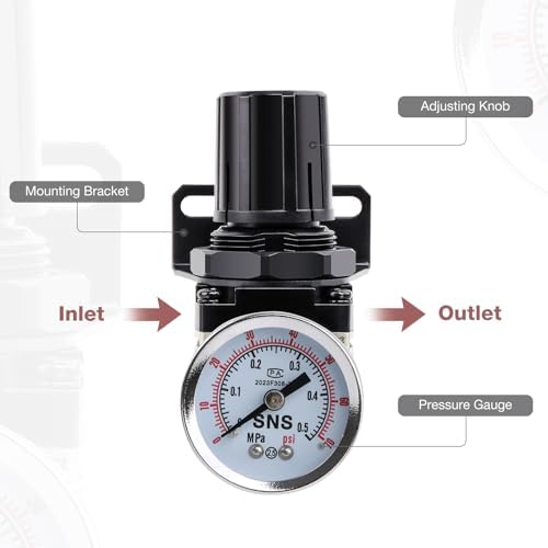 SNS Low Pressure Air Regulator Air Compressor Pressure Regulator With Bracket and Gauge Female Thread 1/4 NPT Adjustable AR2000-N02 (0-40 PSI)