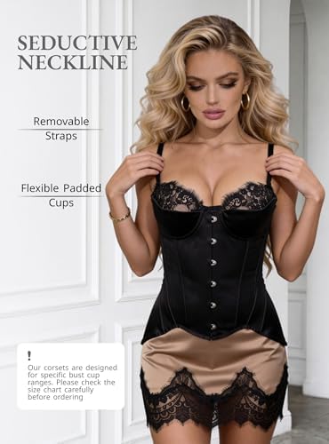 WS Waist Secrets Perfect Overbust Satin Corset Top Lingerie for Women, 18 Boned Bustier with Adjustable Lace Up Back