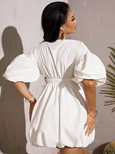WDIRARA Women's Deep V Neck Puff Sleeve High Rise Flare Dress Elastic Waist Dress