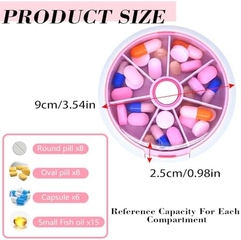 Pill Organizer Travel Pill Case for Purse Portable Pill Box Round Weekiy Pill Container for Vitamin Fish Oil Pills Supplements