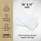 2 Ply Premium Dinner Napkin 1/8 Fold (Package of 600ct) 15" x 17"