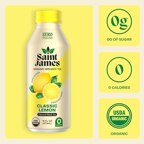 Saint James Iced Tea - Organic Black Tea - Non-GMO, Gluten Free, Zero Calorie, Zero Sugar - Classic Lemon, 12 Pack (16 fl oz each)