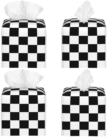 Black and White Checkerboard Tissue Box Cover Square,Square Grid Checkered Tissue Box Holder Waterproof Leather Facial Paper Organizer Dispenser for Bathroom Home Car Nightstand Vanity Desk