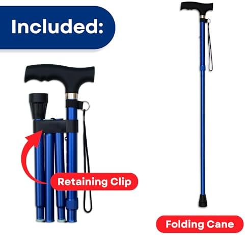 RMS Folding Cane - Foldable Walking Cane with Adjustable Height - Collapsible and Lightweight - Soft Ergonomic Handle for Comfortable Grip - Portable Walking Stick for Mobility Aid