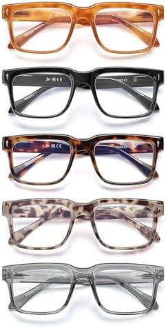 JM 5 Pack Reading Glasses for Women Men, Square Blue Light Blocking Computer Readers, Stylish Eyegalsses with Spring Hinges