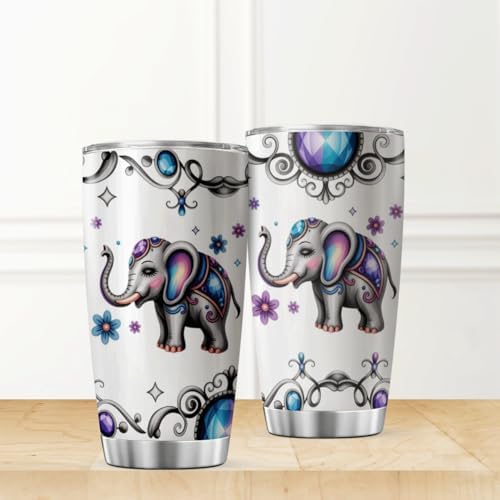 Cute Colorful Elephant With Floral Jewel Design Stainless Steel Tumbler For Lovers Women Gifts 20 Oz Heat Insulated Tea Hot Bottle Iced Coffee Outdoor Drink Travel Cool