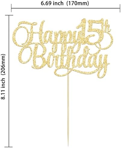 1 Pack Happy 15th Birthday Cake Topper Glitter Number 15 Fifteen Years Old Birthday Cake Pick Decoration for 15th Birthday Celebrating Anniversary Party Supplies Gold