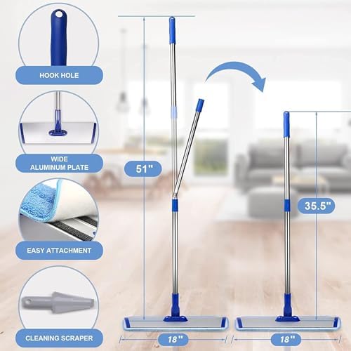 Professional Hardwood Floor Mop - 18" Microfiber Flat Mop with Washable Pad, Adjustable Stainless Steel Handle (35.5"-51") for Wet and Dry Mopping on Laminate, Tile & Vinyl Floors