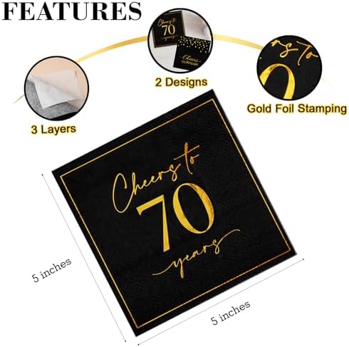 Hunanyume 50PCS 70th Birthday Napkins, Cheers to 70 Years Cocktail Napkins 5x5 Inches Party Napkins Paper Beverage Napkins for Anniversary 70th Birthday Decorations for Men(Black and Gold)
