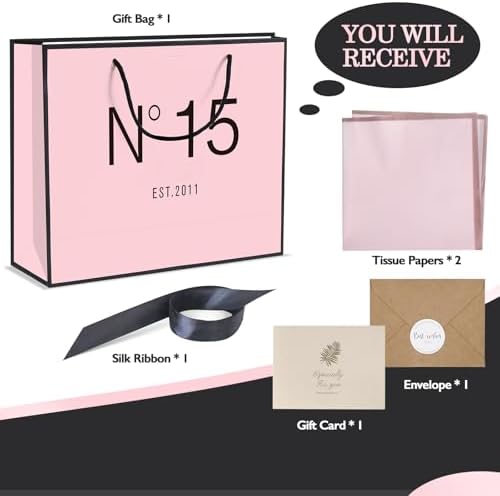 QLSKO 13" Birthday Gift Bag with Card Envelope Sticker Bow Ribbon and Tissue papers for Women Girls Design with Handles,13th-100th (EST.2011 15th, 13" W x 10.5" H x 4.3" D)