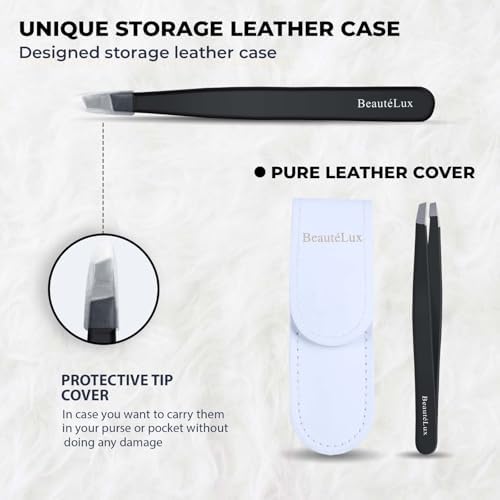 Premium Slant Tip Eyebrow Tweezer (Black), Stainless Steel Precision Tweezers for Men & Women, Facial Hair Removal with Leather Case