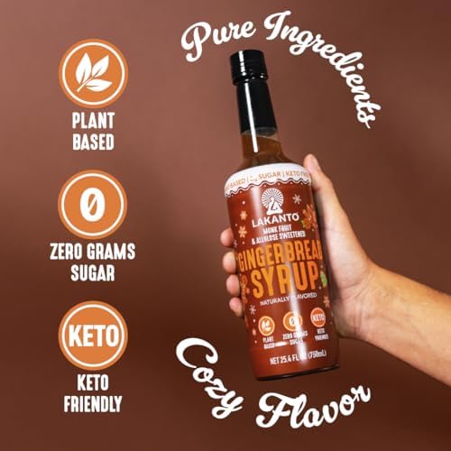 Lakanto Gingerbread Simple Syrup - Perfect for Coffee, Tea, Lattes, Smoothies, Cocktails, Baking & Holiday Drinks, Monk Fruit Sweetener with Allulose Zero Sugar, Keto Diabetic Friendly (25.4 Fl Oz)
