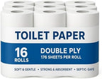 16 Rolls Double Ply Toilet Paper, 176 Sheets Per Roll | Soft, Strong & Septic-Safe Bath Tissue | Bulk Pack for Home, Office & Commercial Use-Packing may vary