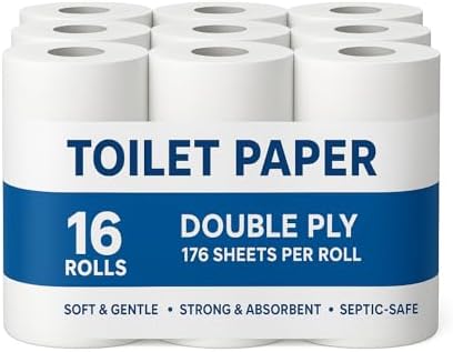 16 Rolls Double Ply Toilet Paper, 176 Sheets Per Roll | Soft, Strong & Septic-Safe Bath Tissue | Bulk Pack for Home, Office & Commercial Use-Packing may vary