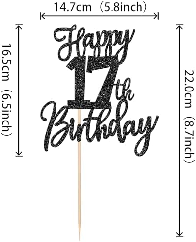1 PCS Happy 17th Birthday Cake Topper Glitter Cheers to 17 Years Birthday Cake Pick Seventeen Hello 17 Cake Decoration for Happy 17th Birthday Anniversary Theme Party Decorations Supplies Black