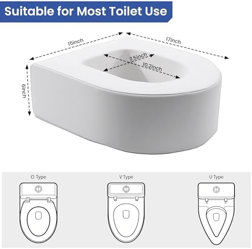 MABOZOO 6-Inch Toilet Seat Cushion, PU Leather Padded Toilet Seat Riser for Seniors, Foam Commode Cushion for Elderly, White