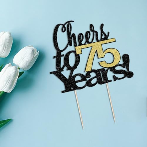 LVEUD Black Font Golden Numbers Cheers to 75 Years Happy Birthday Cake Topper -Wedding,Anniversary,Birthday Party Decorations (75th)